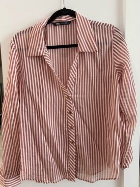 Zara Pink and White Vertical-Stripe Shirt